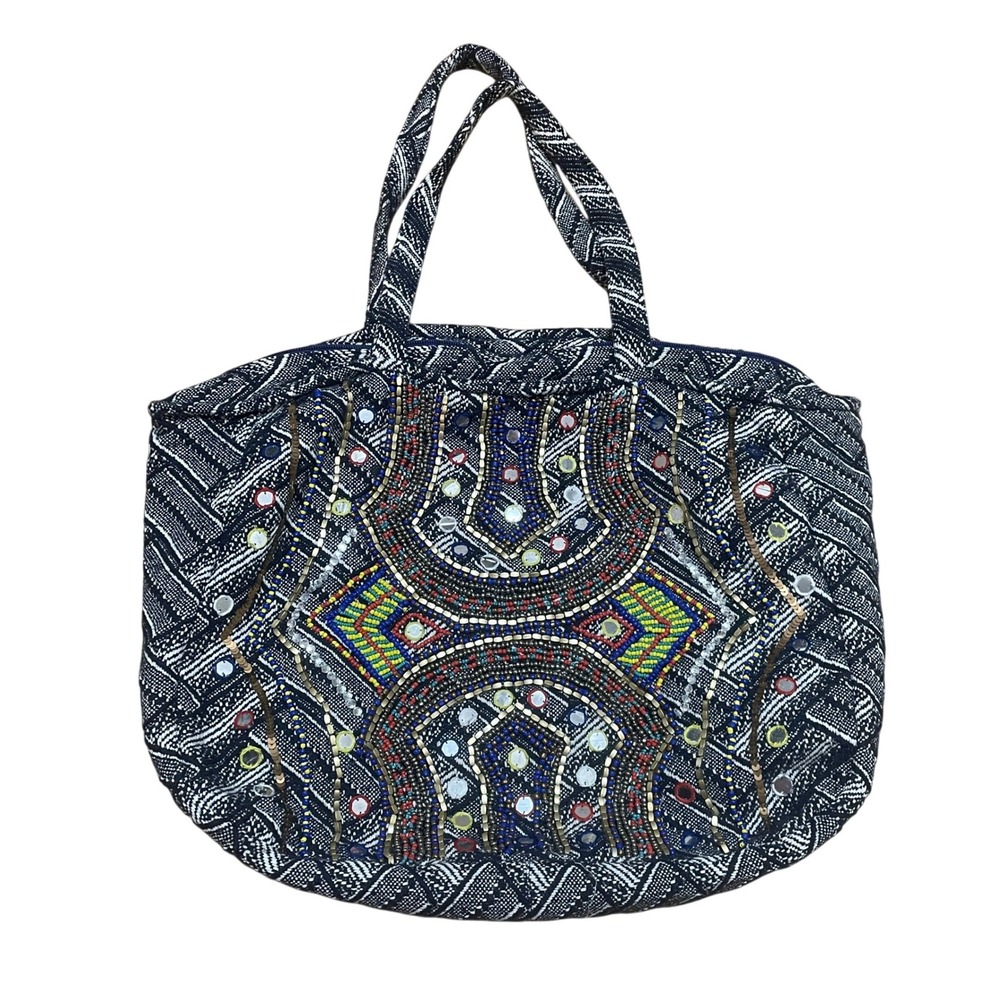 America & Beyond Navy Woven Cotton Blend Beaded Mirror Embellished Boho Tote Bag